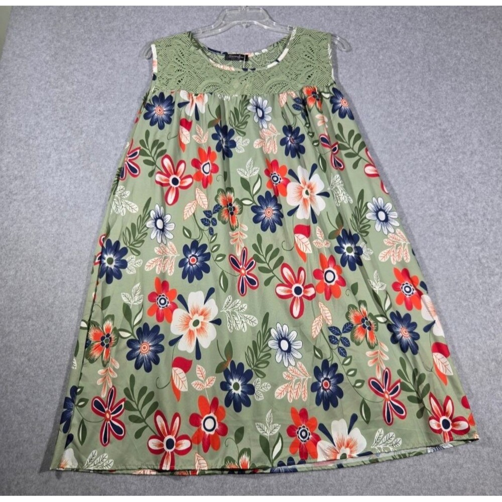 Sucrefas Womens XL Sage Green Floral Sleeveless Crochet Lace Yoke Shift Dress